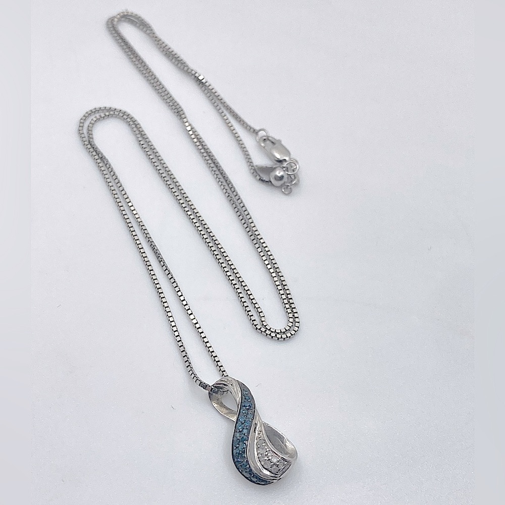 STERLING Diamond & Sapphire Infinity Pendant w 925 Box Chain Adjustable 22”
